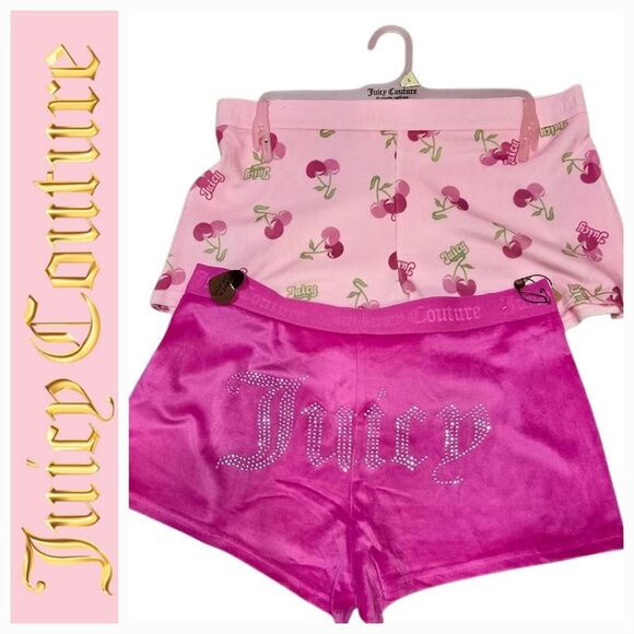 Juicy Couture Juicy Heart Cherries & Rhinestone Logo 2-PK Velour Lounge Shorts - Picture 1 of 4